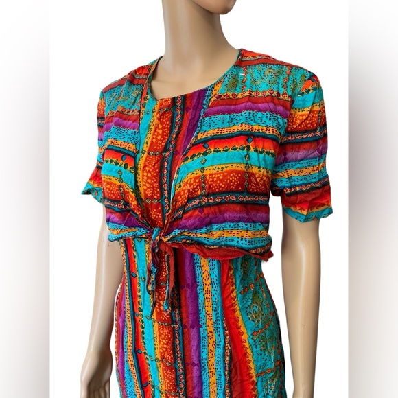 W2 Vintage 80s Bright Eclectic Hippie Funky Southwestern Striped Maxi Dress - Picture 2 of 6